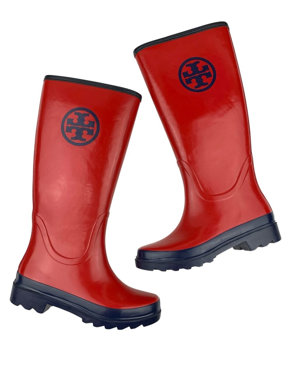 Tory Burch Tall Rubber Rain Boots Red Blue Logo Women's 6